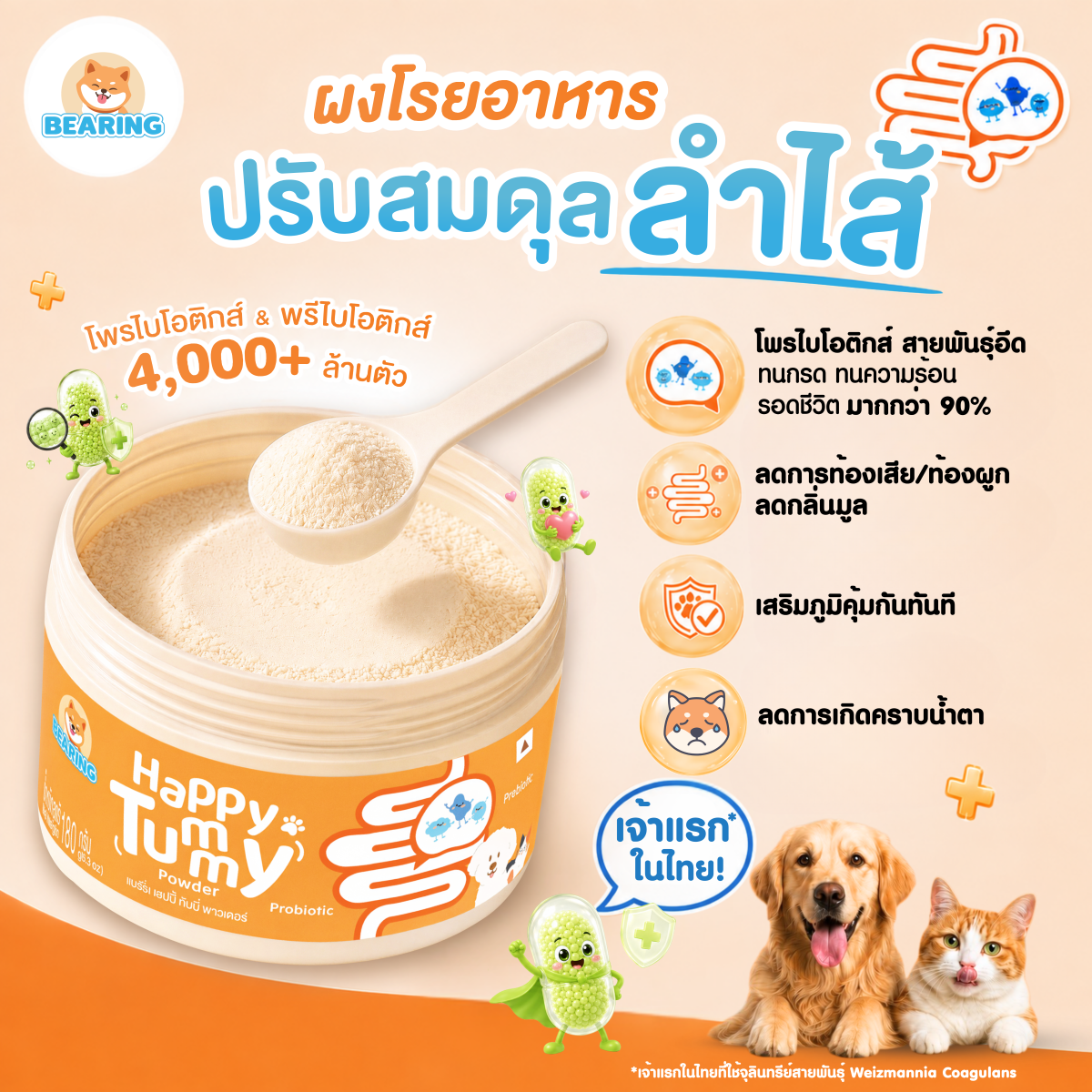 Bearing Happy Tummy Powder ผงโรยอาหาร ตัวช่วยปรับสมดุลลำไส้ สำหรับสุนัขและแมว