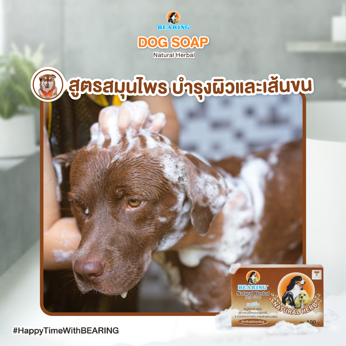 BEARING Soap For Dog สบู่ก้อนอาบน้ำสุนัข ใช้ได้นาน มีสูตรเฉพาะสำหรับเส้นขนทุกประเภท 100 g.
