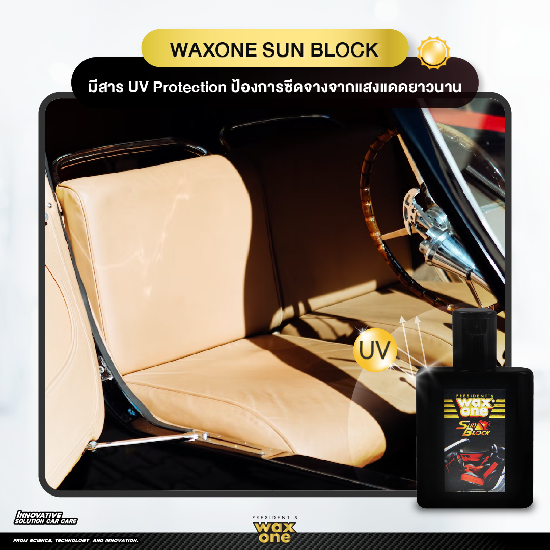 WaxOne เคลือบเงา เคลือบเบาะหนัง คอนโซลรถ ป้องกันแสงแดด วัสดุภายในไม่ซีดจาง Sun Block 110 ml. แถมฟองน้ำ